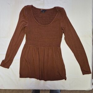 American Eagle Womens Brown Smocked Long Sleeve Peplum Top Scoop Neck Small S/P